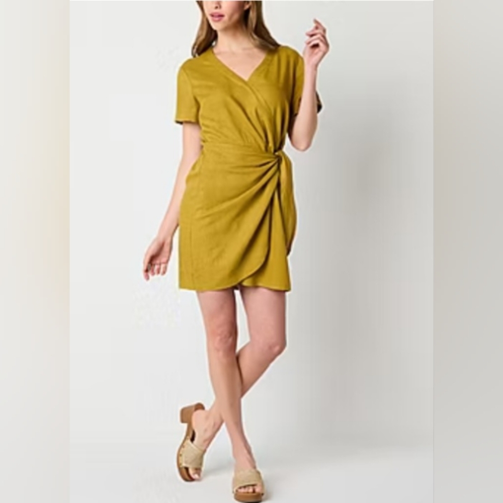 Ana Linen Blend V-Neck Wrap Dress Short Sleeve Black Size XS Summer Vacation